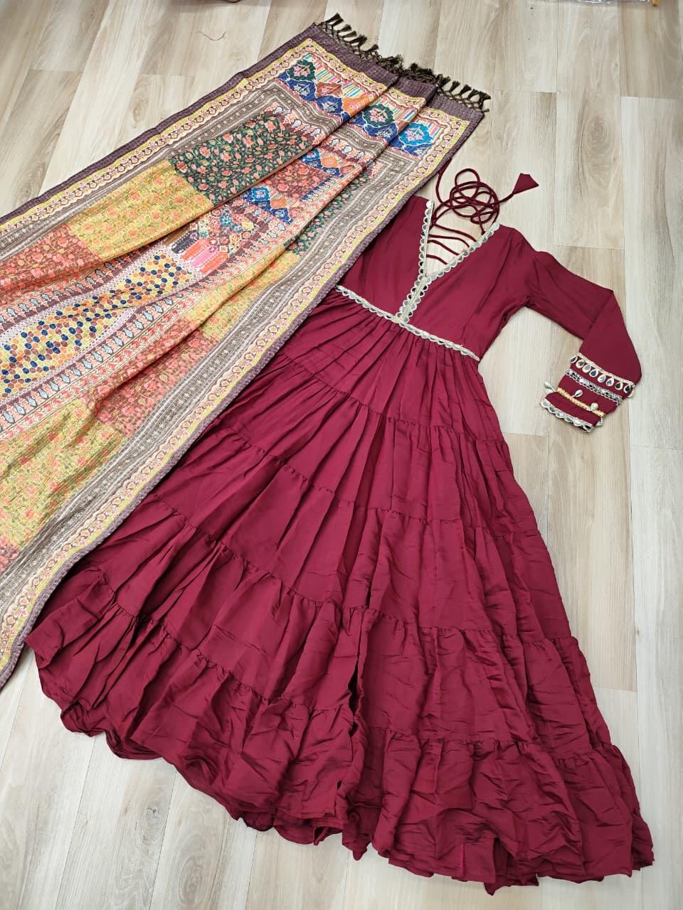 Festive-Ready Maroon Gown With Rich Multi-Print Dupatta