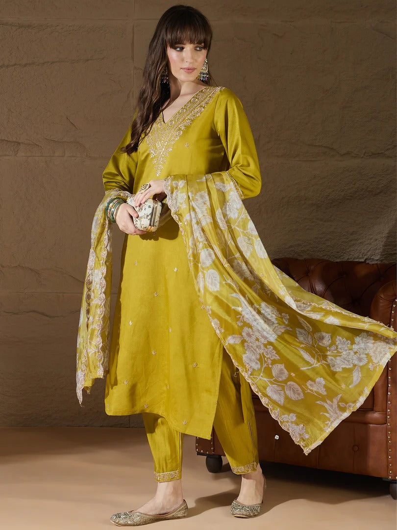 Yellow Embroidered Silk Blend Straight Suit With Dupatta