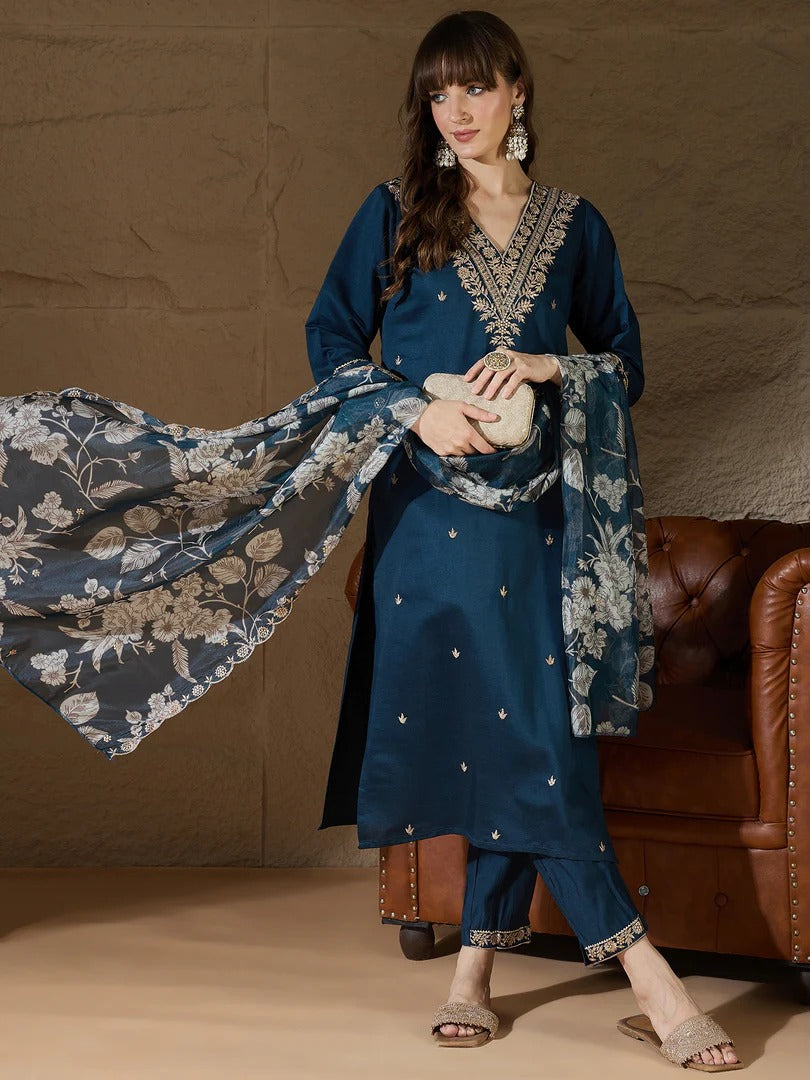 Elegent Rama Embroidered Silk Kurti Pant Set With Dupatta