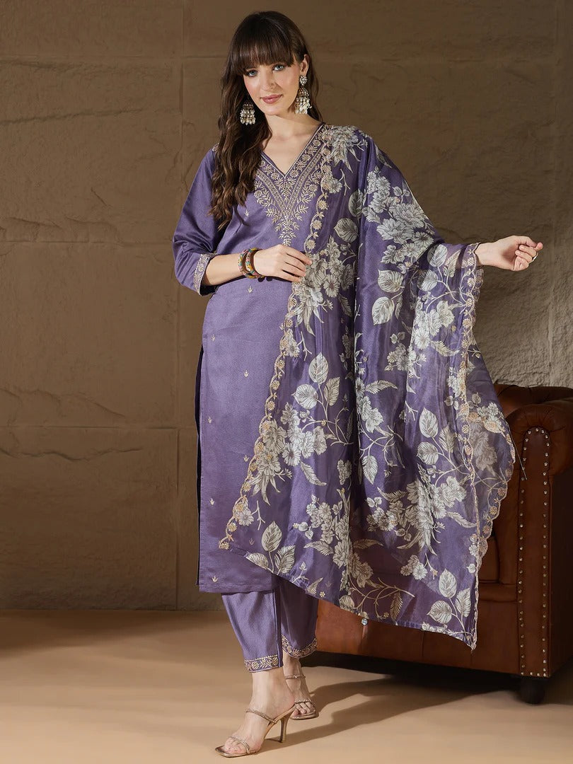 Embroidered Purple Silk Blend Straight Suit With Dupatta