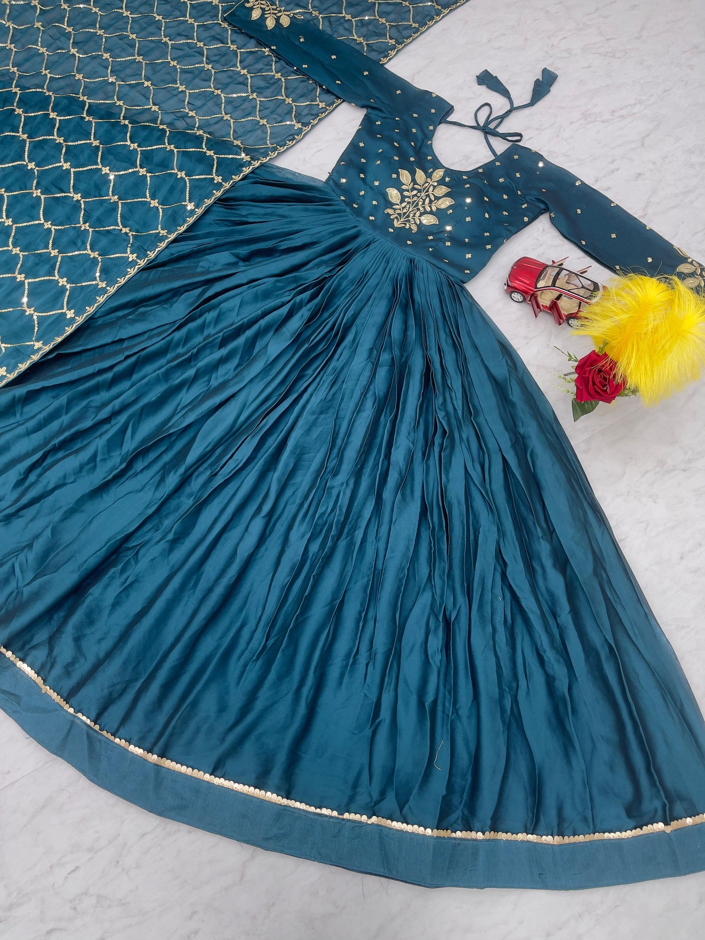 Majestic Blue Color Rangoli Sequence Embroidery Gown