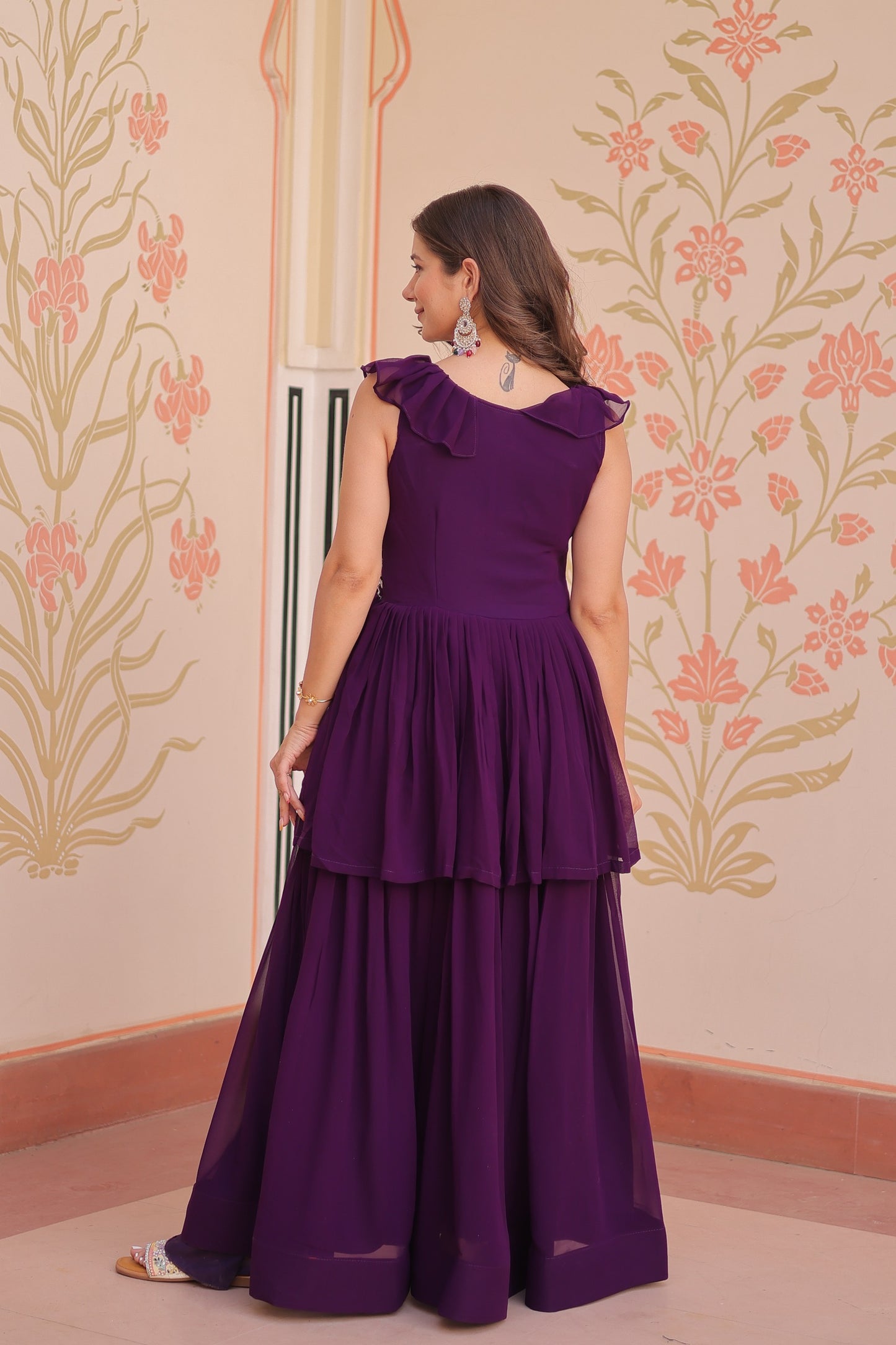 Purple Designer Faux Blooming Embroidered Gown with Bead Work & Canvas Patta