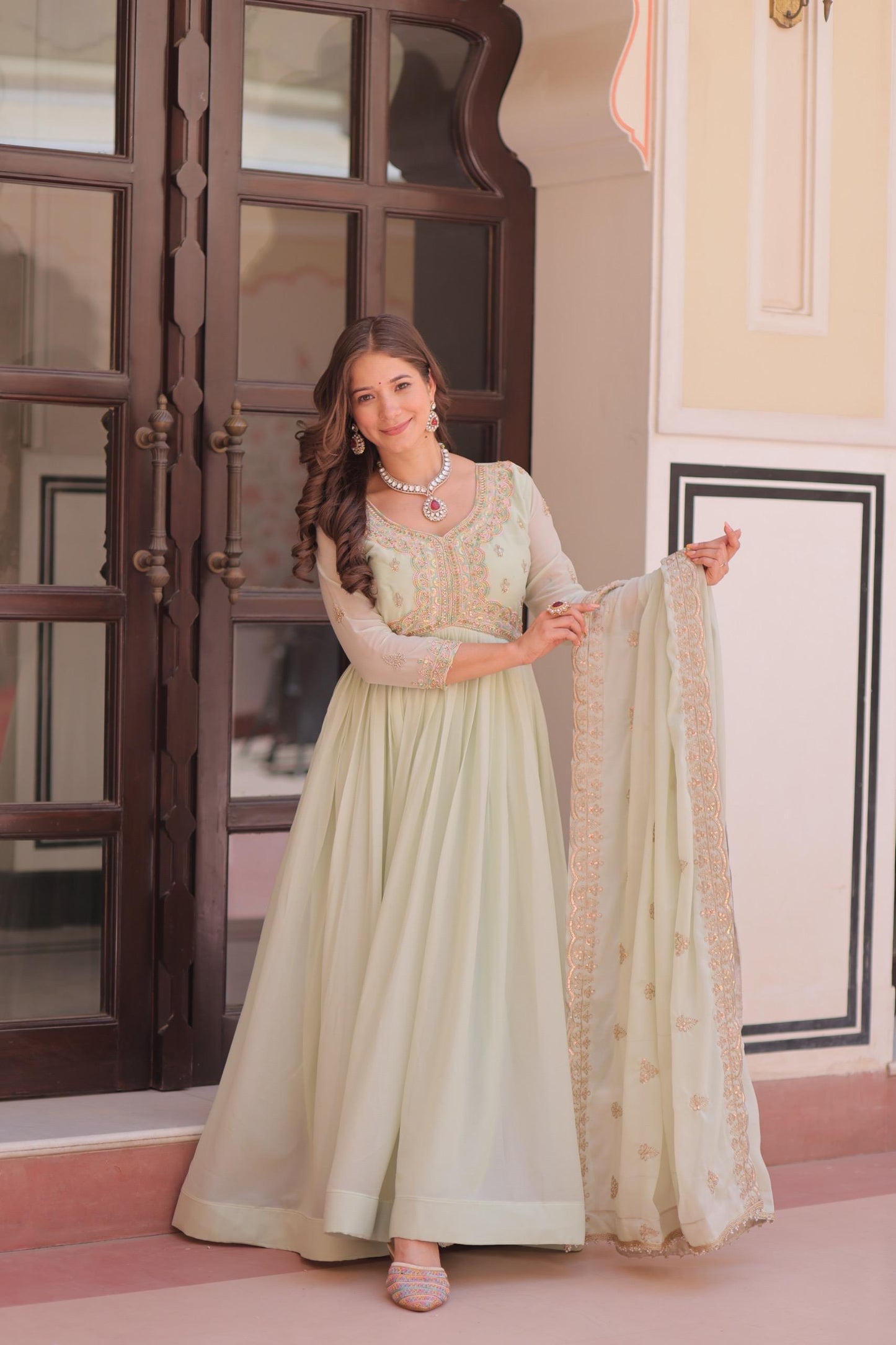 Mint Green Georgette Anarkali Suit With Beadwork
