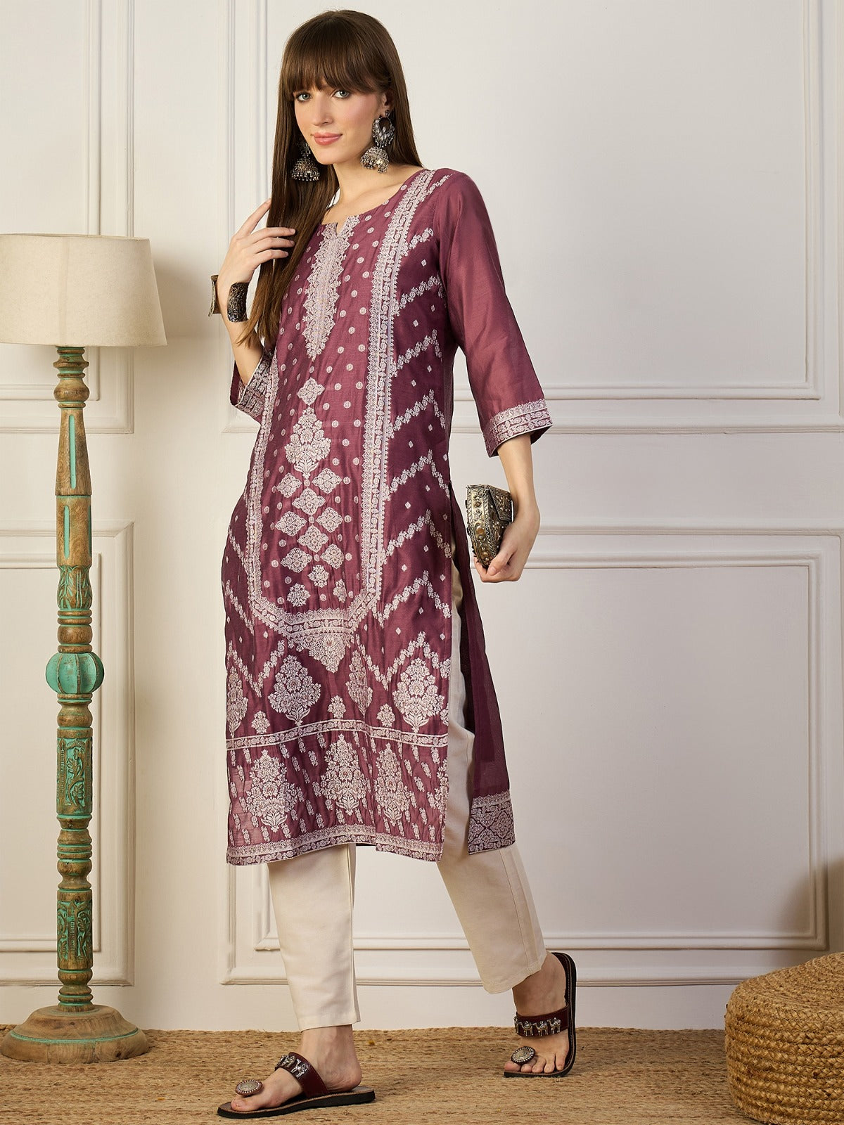 Womens Dusty Maroon Cotton Silk Blend Straight Kurta