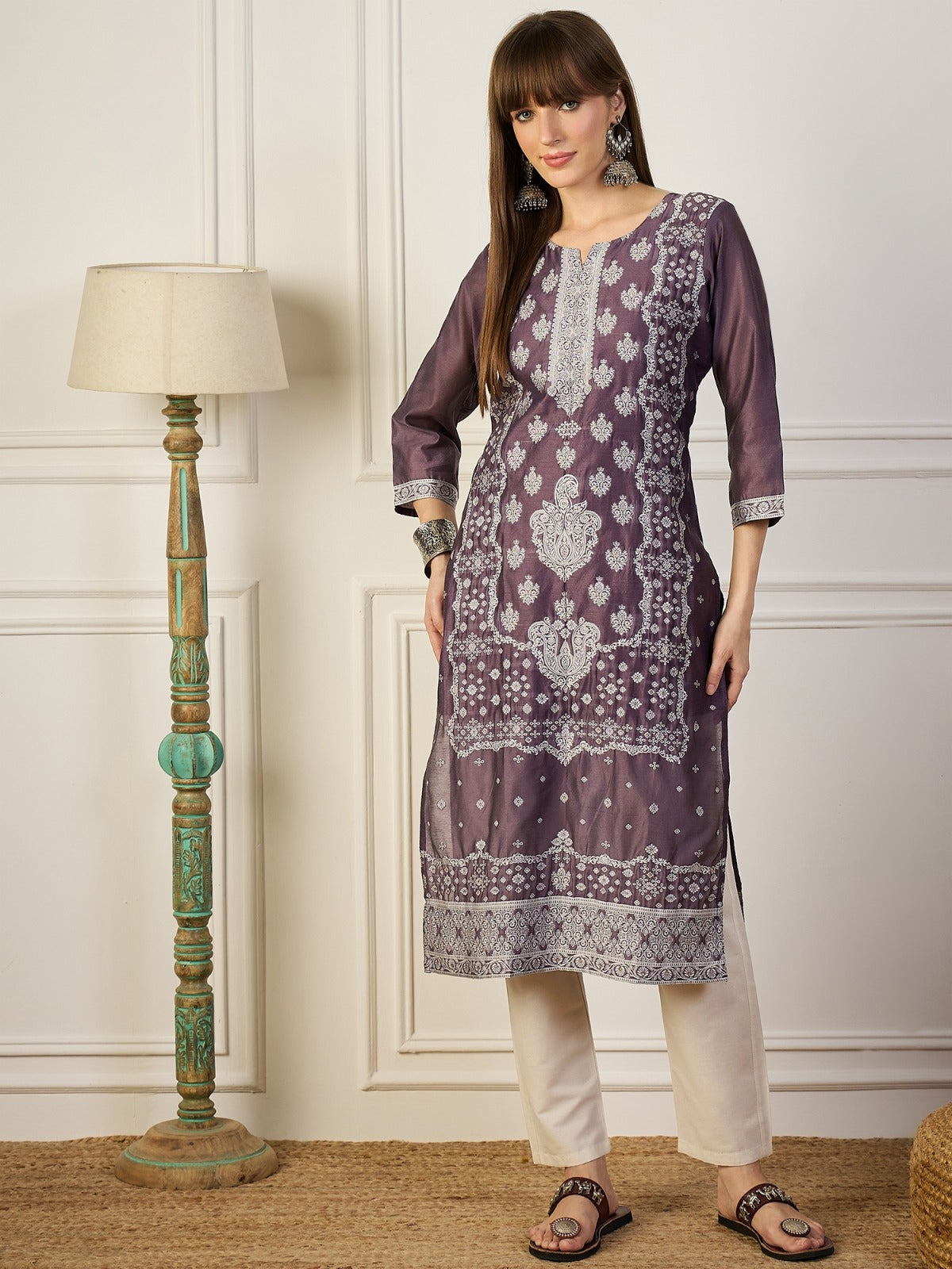 Silk Banarasi Purple Kurti Pant Set