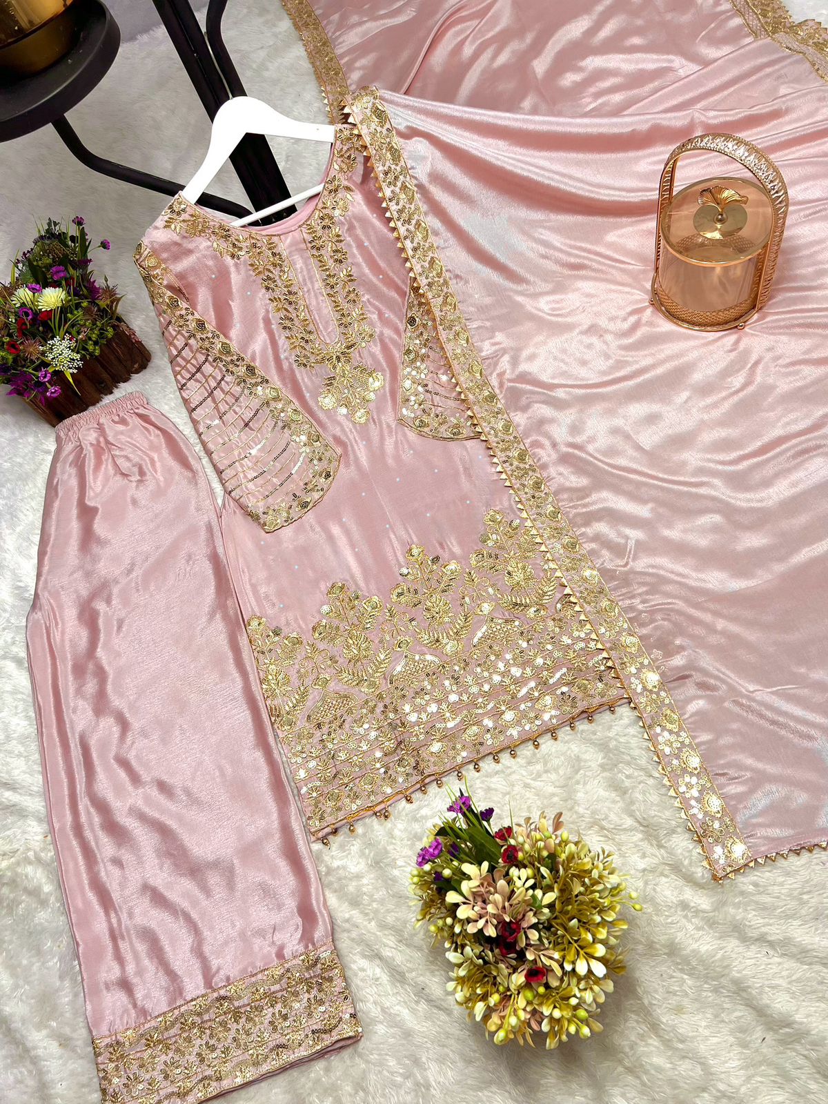 Ready to Wear 3 Piece Fancy Peach Kurti with Plazo & Duppta
