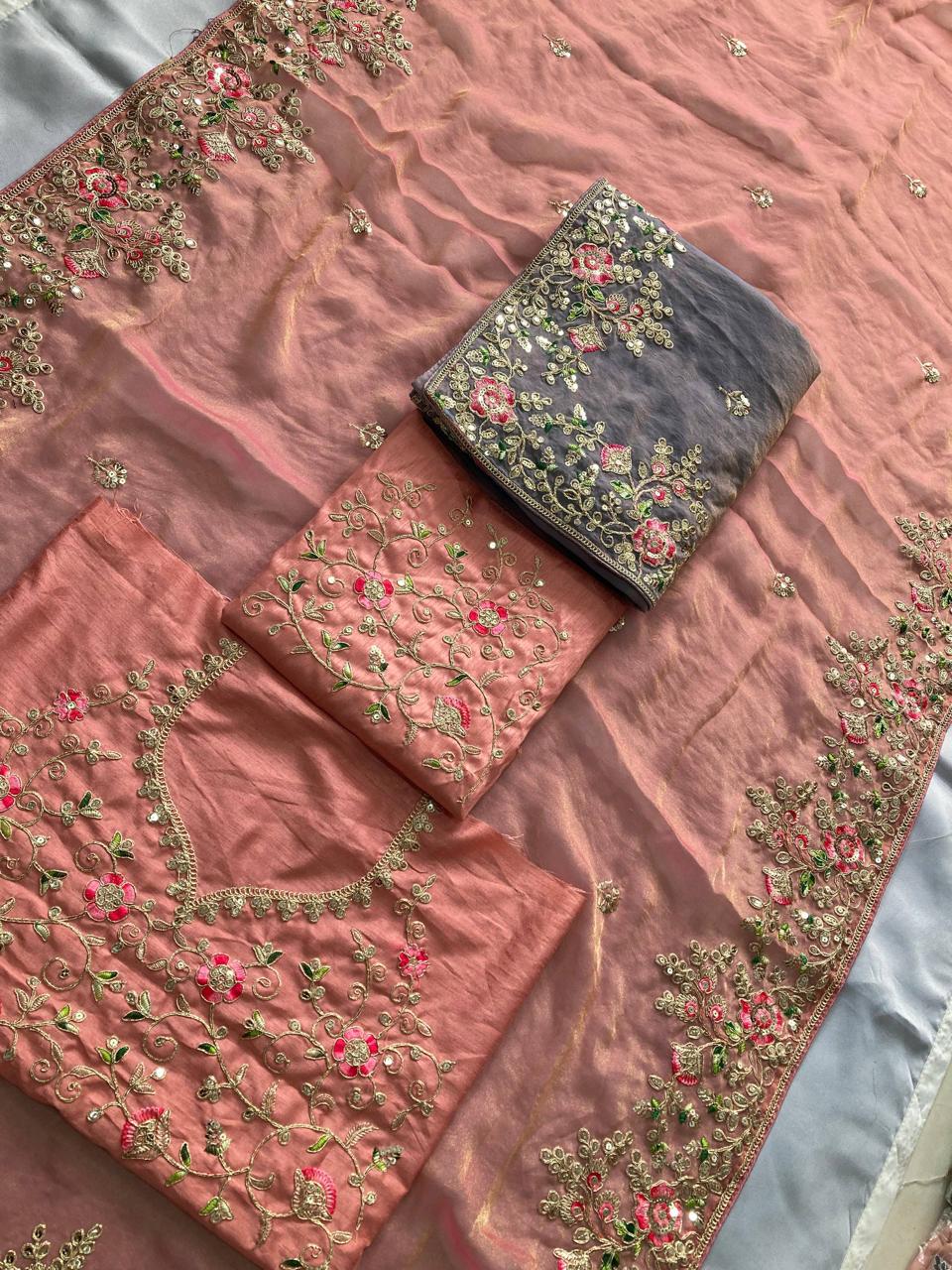 Designer Chiffon Saree with Embroidery Cutwork Border & Mono Banglory Blouse