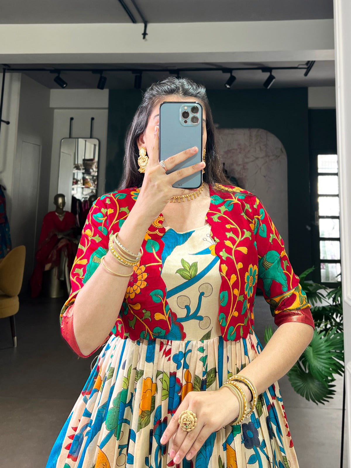 Elegant Kalamkari Print Gown with Zari Weaving Koti