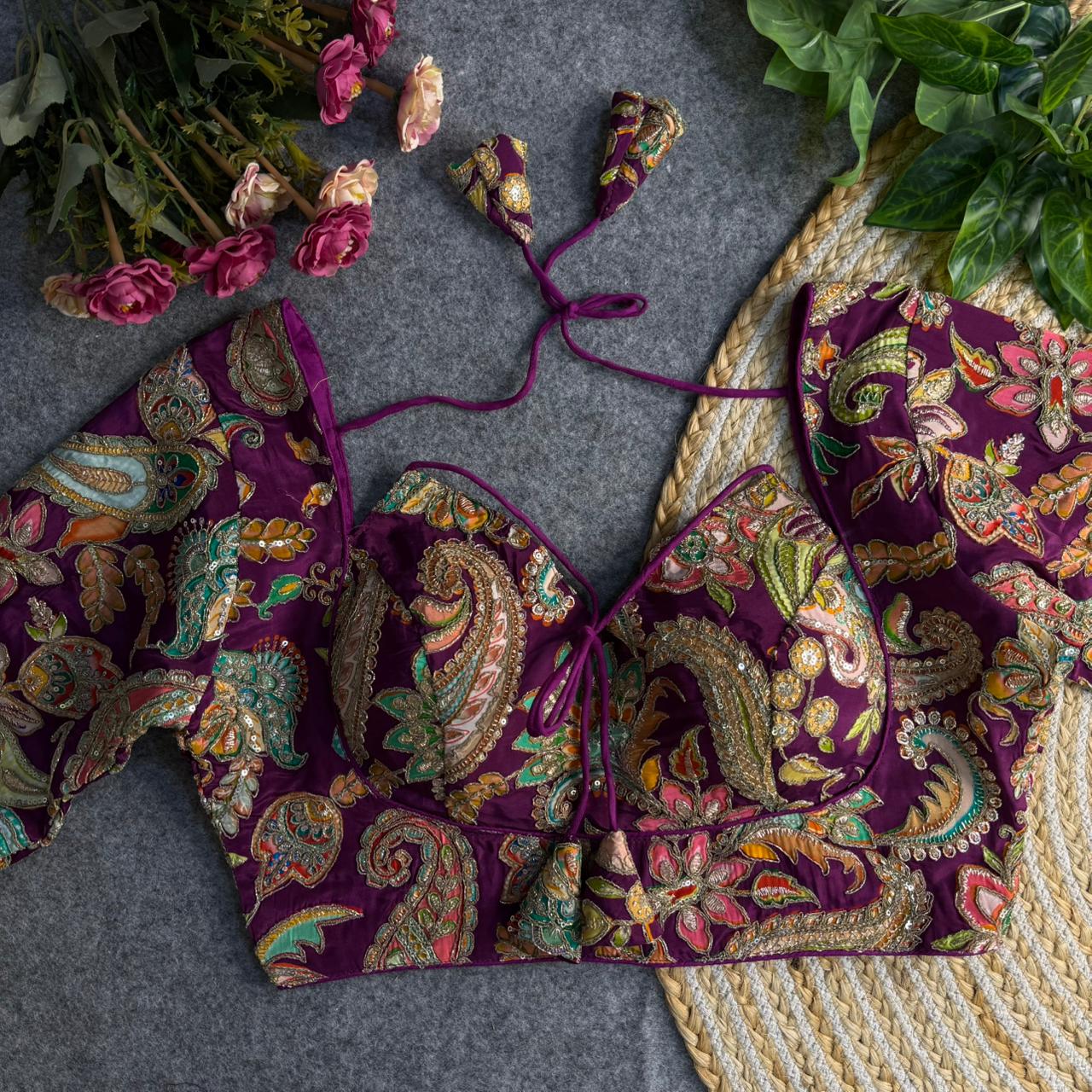 Designer Wine Purple Embroidered Blouse with Heavy Mirror & Thread Work