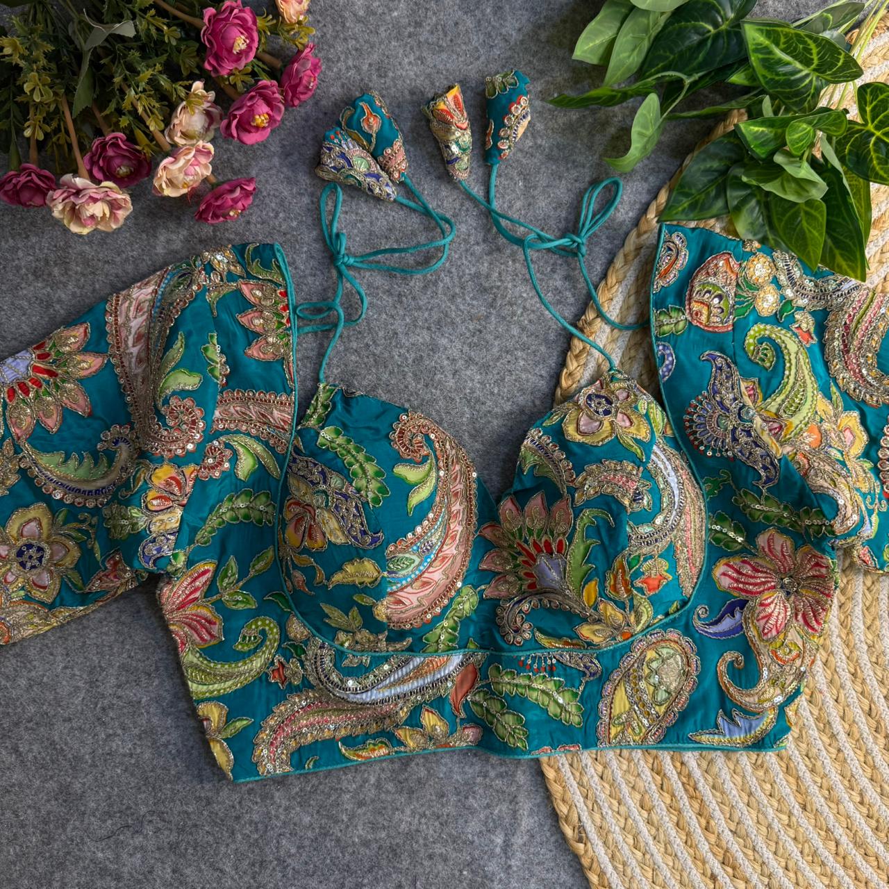 Premium Plum Embellished Ethnic Blouse Teal Blue Resham & Sequence Work