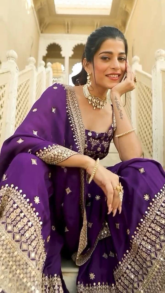 Purple Georgette Mirror Work Sharara Suit with Dupatta