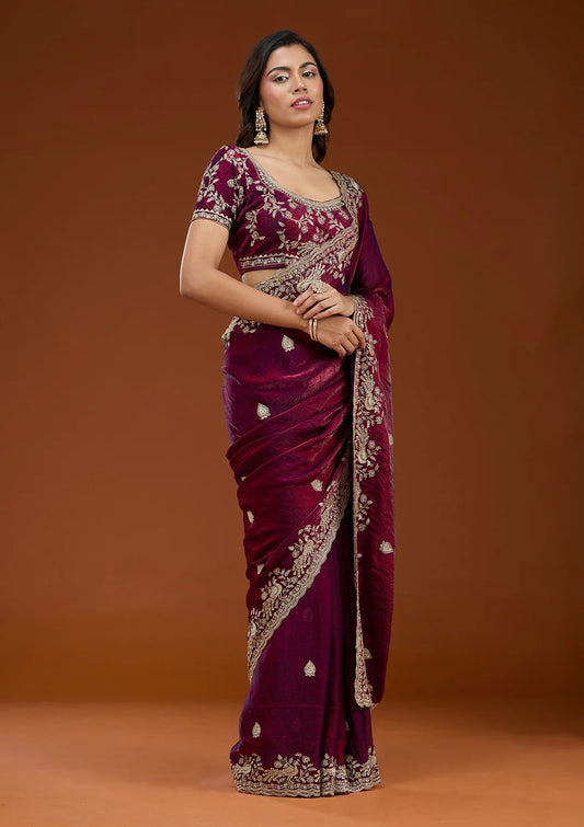 Premium Wine Rich Zari Embroidered Saree with Unstitched Blouse