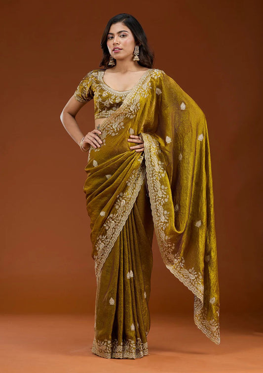 Mustard Elegance Zari Embroidery Motifs Saree & Unstitched Blouse