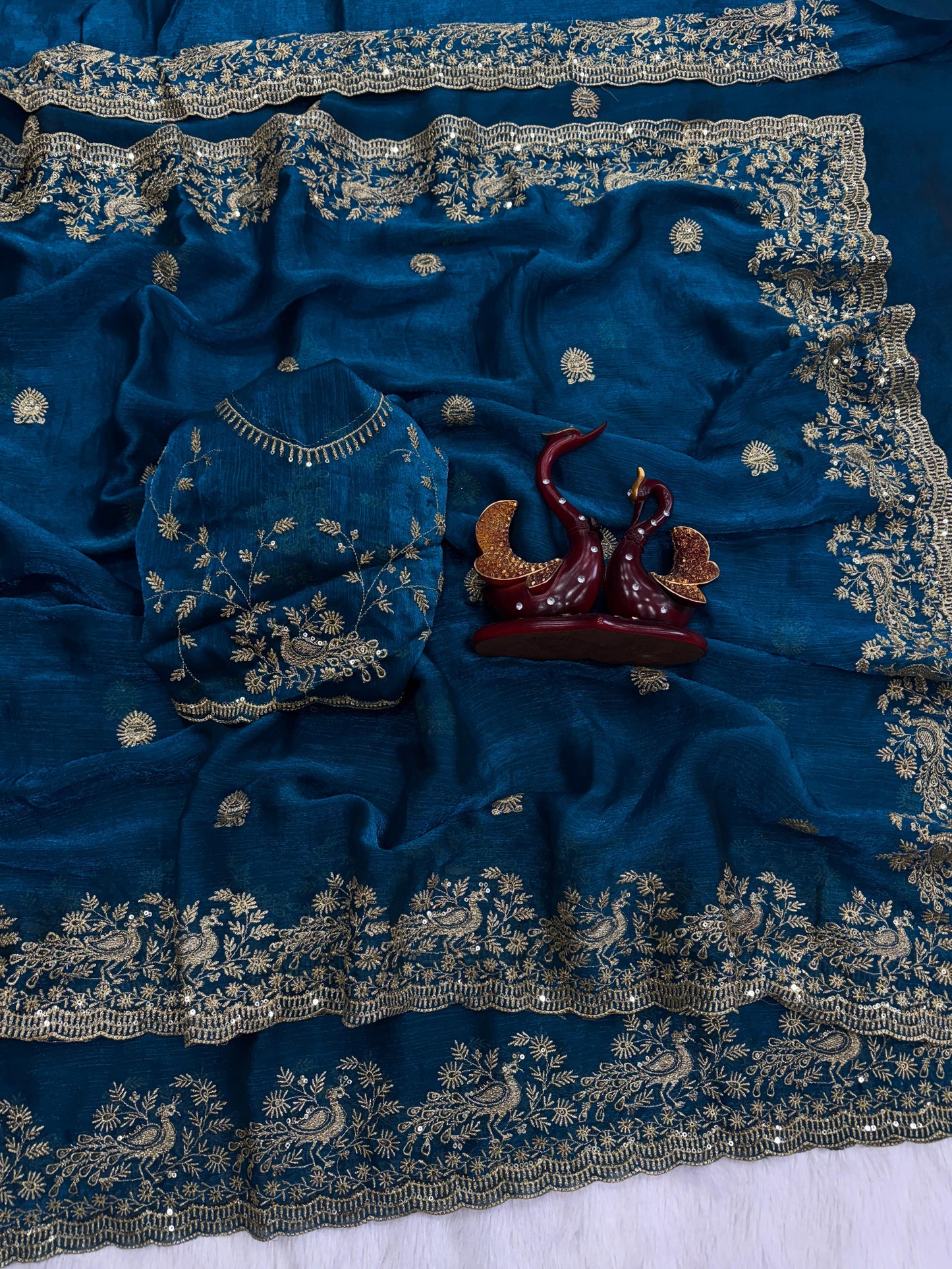 Luxury Teal Handwork Silk Saree Matching Embroidered Blouse Piece