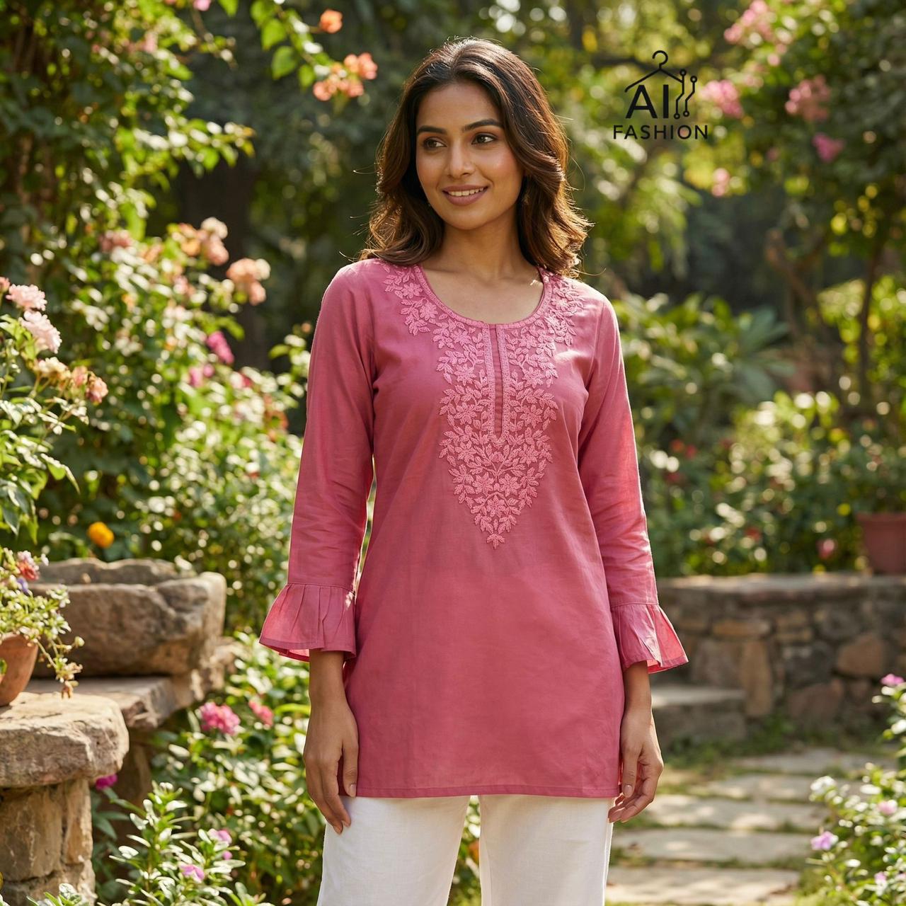 Women’s Classic Pink Kurti with Floral Embroidery