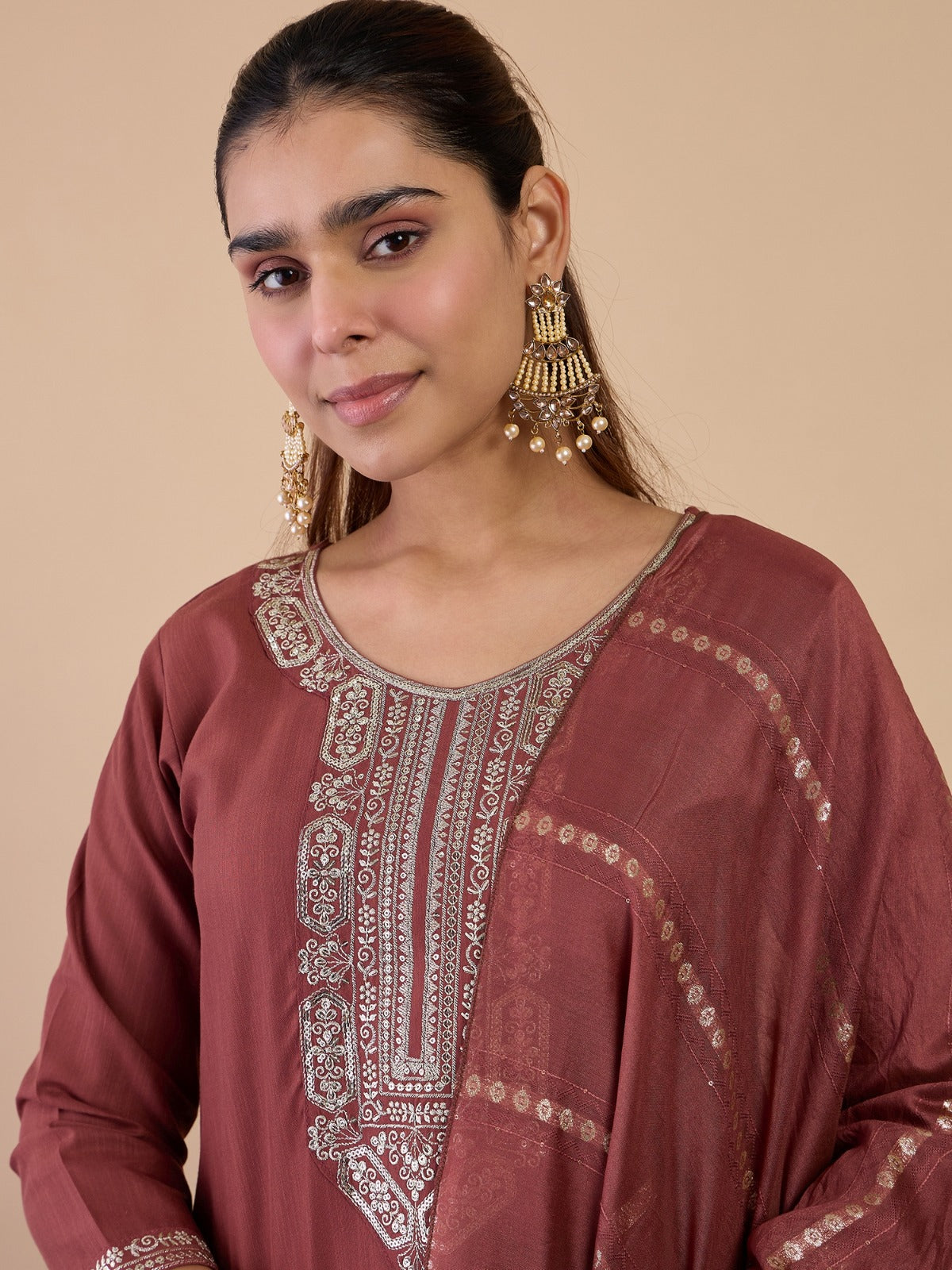 Dusty Brown Embroidered Kurta Pant Set for Women