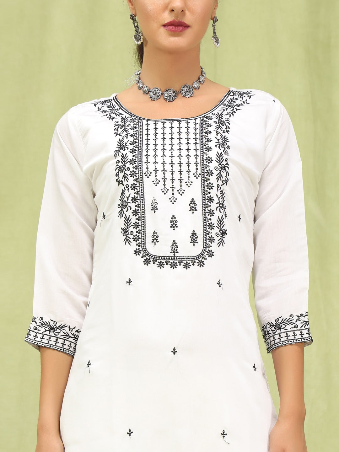 Roman Silk White Straight Kurti Pant Set