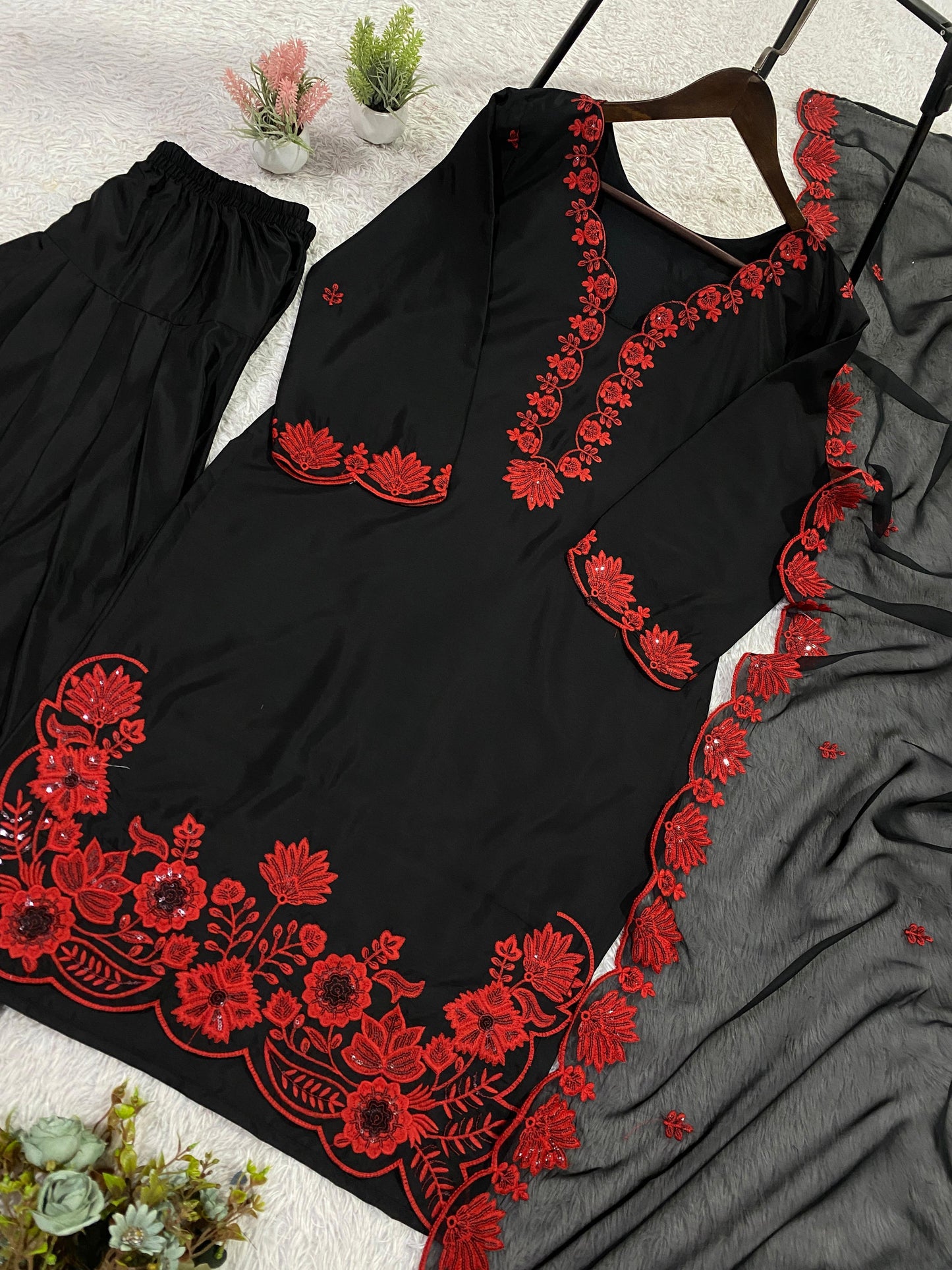 Classic Black Ethnic Wear Set with Red Floral Work