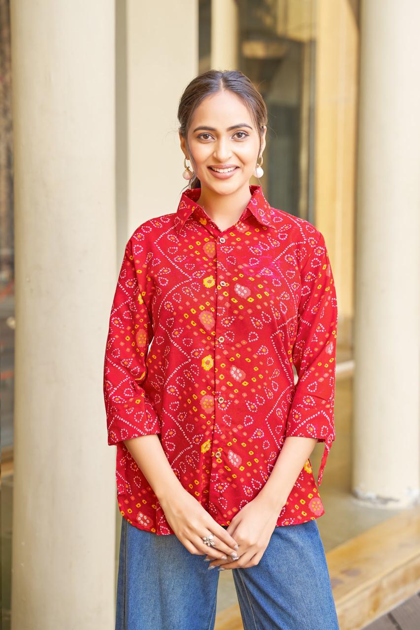 Red Rayon Bandhej Print Shirt
