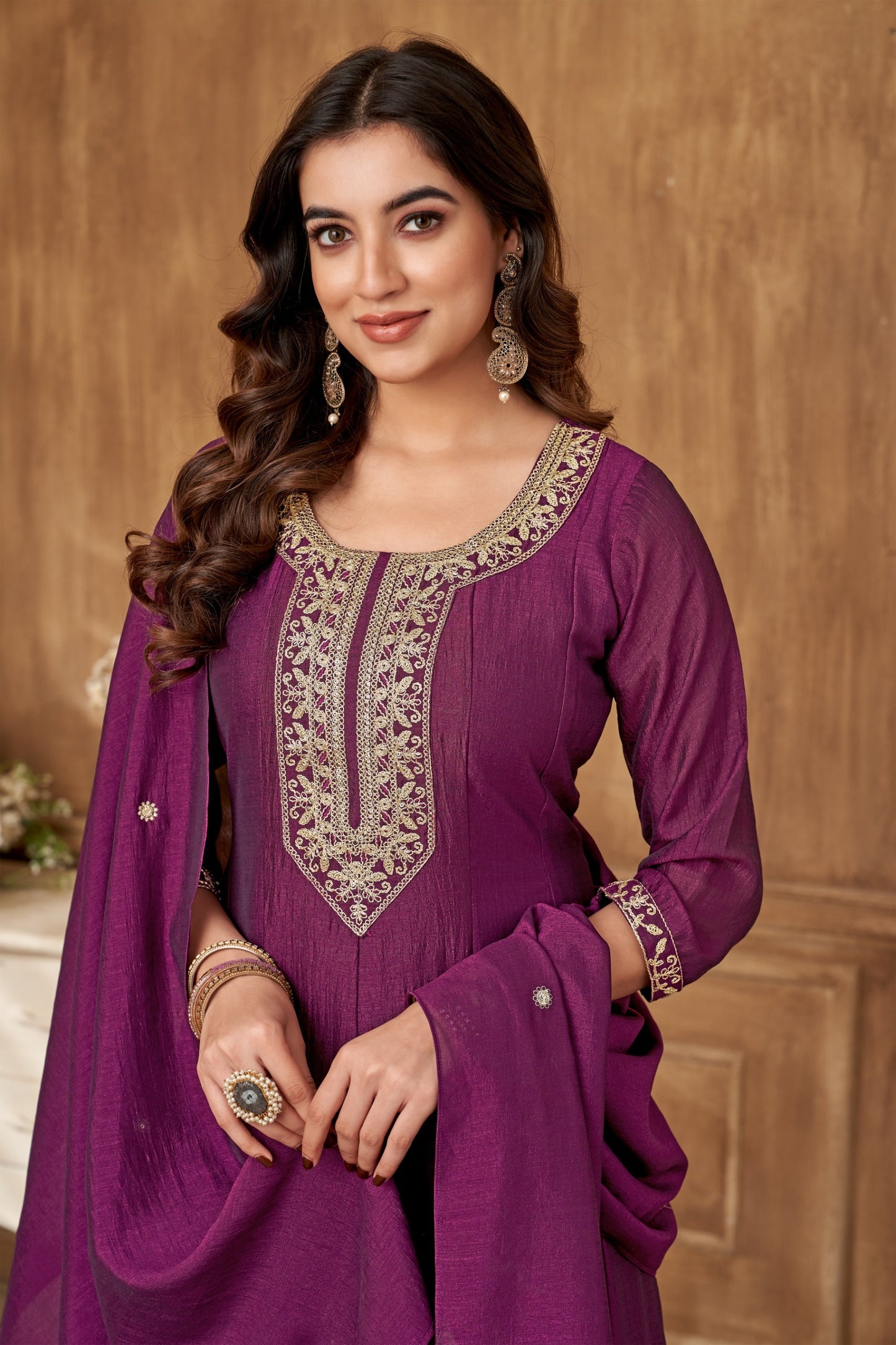 Wine Vichitra Silk Embroidered Suit Set