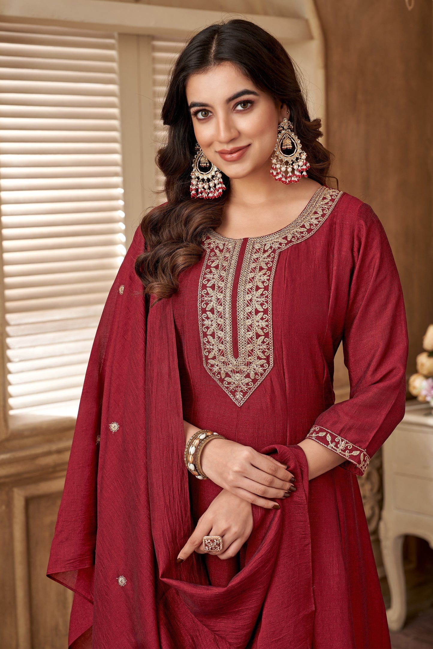 Maroon Vichitra Silk Embroidery Suit Set