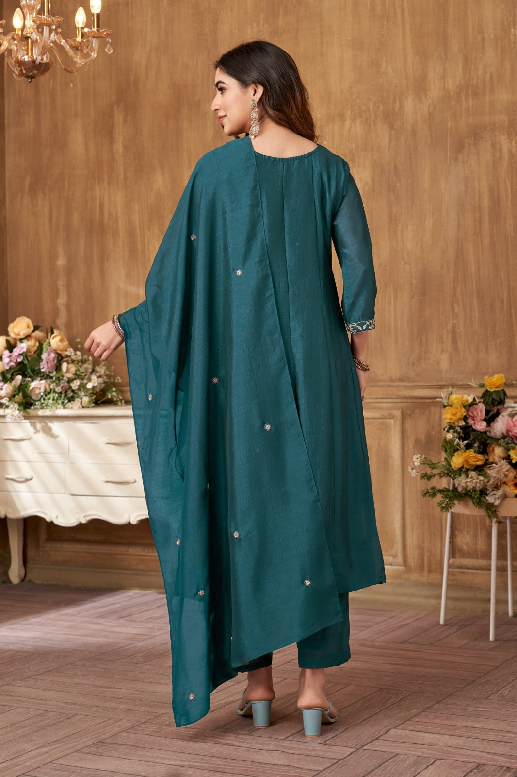 Women Teal Anarkali Embroidered Suit