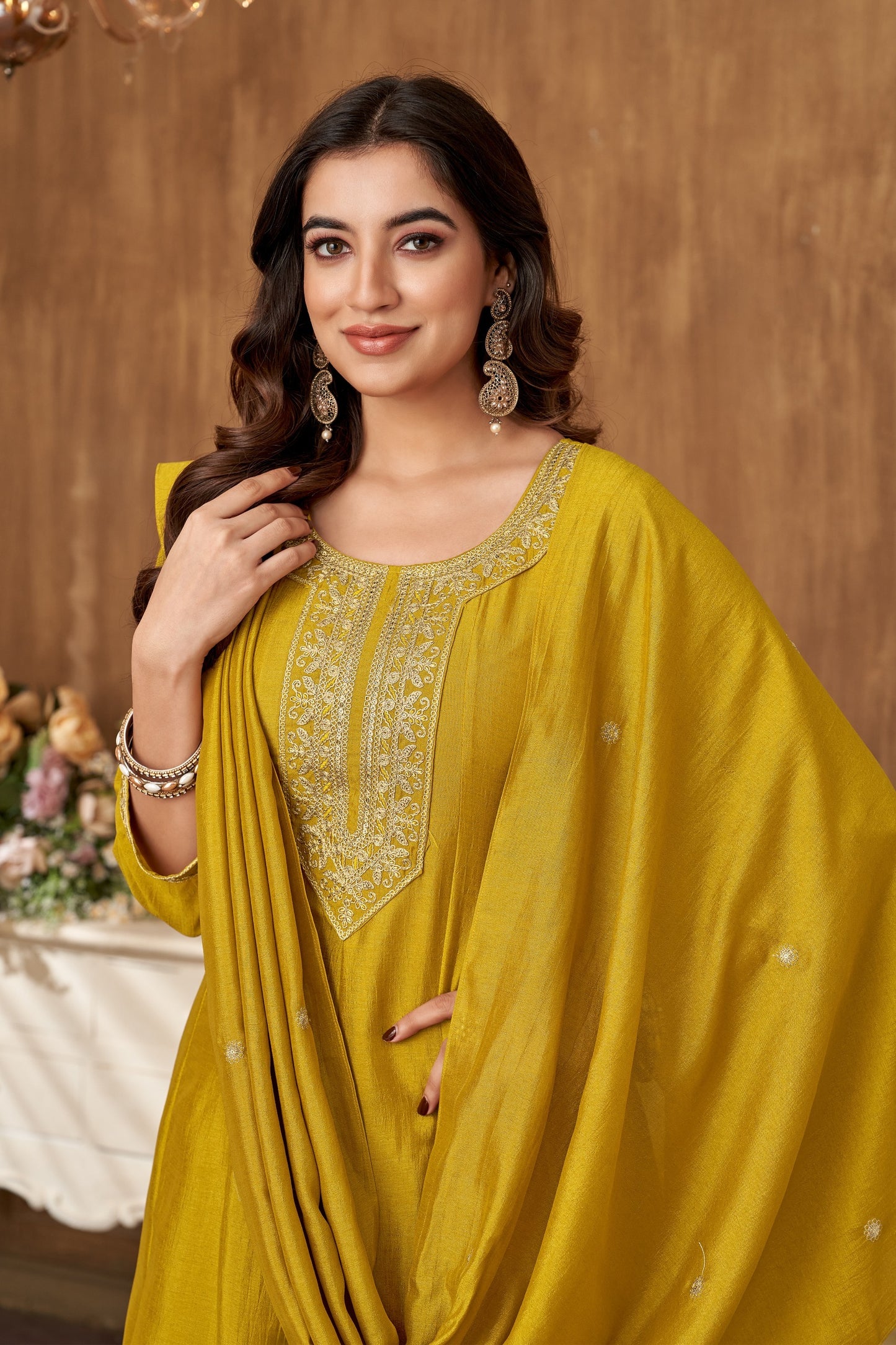 Vichitra Silk Embroidery Anarkali Suit Set