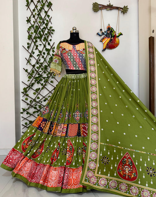 Navratri Special Muslin Cotton Green Lehenga Choli