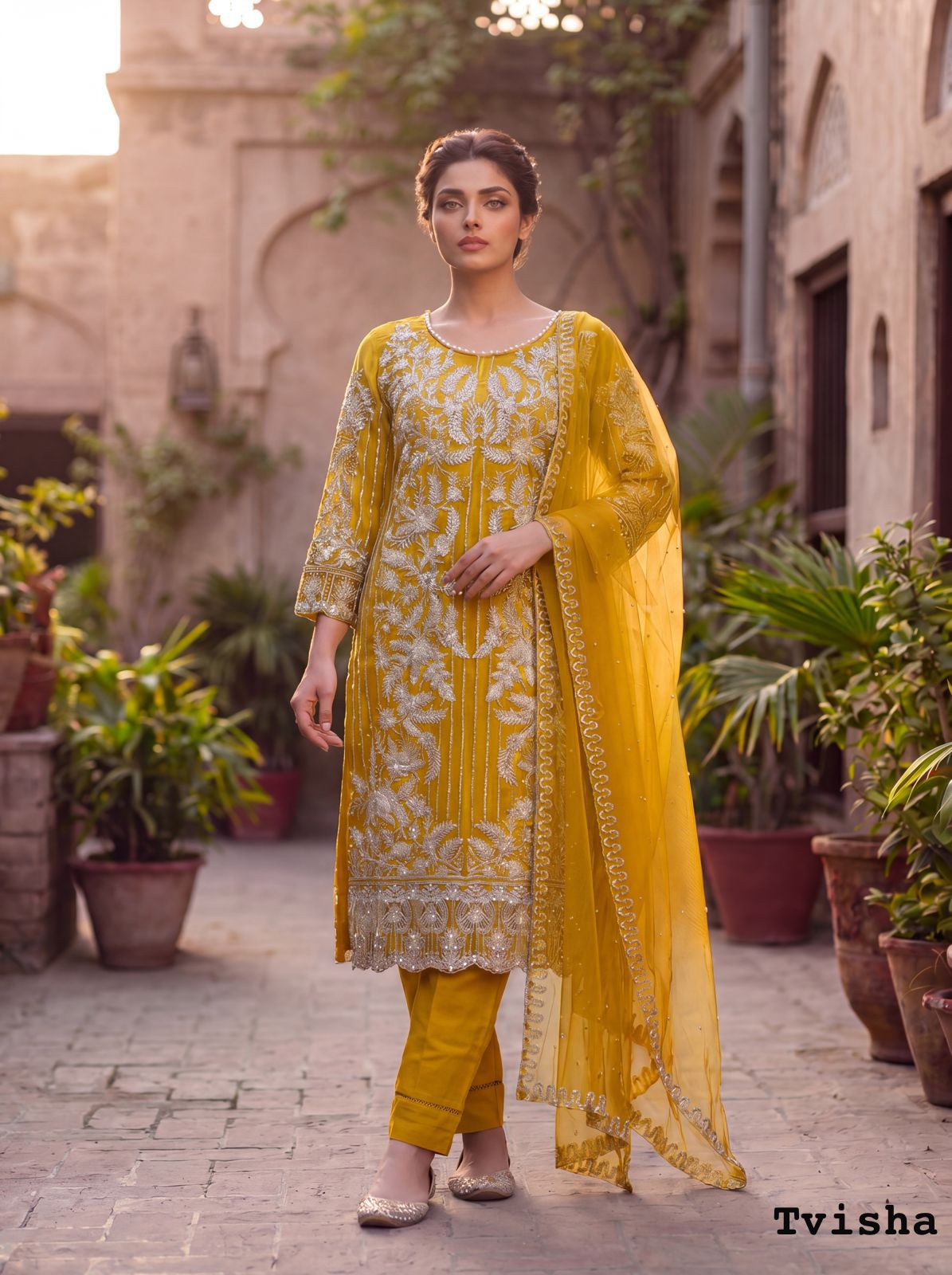 Yellow Soft Net Embroidery Work 3 Piece Suit