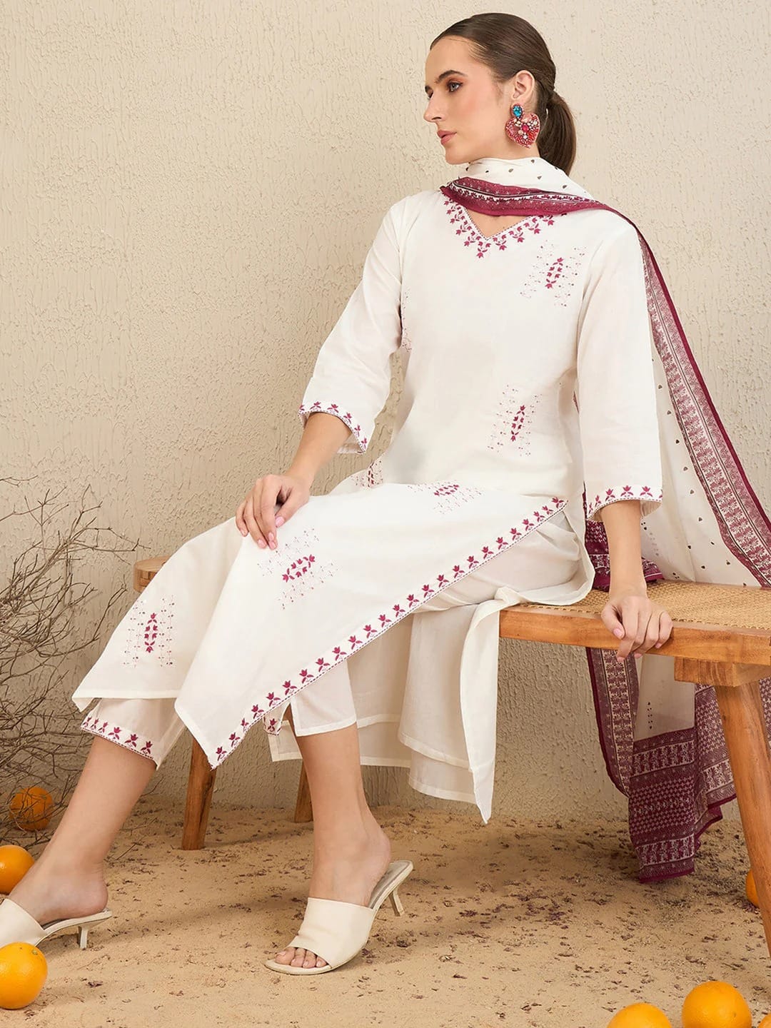Cotton with Elegant Embroidery White Kurti Set