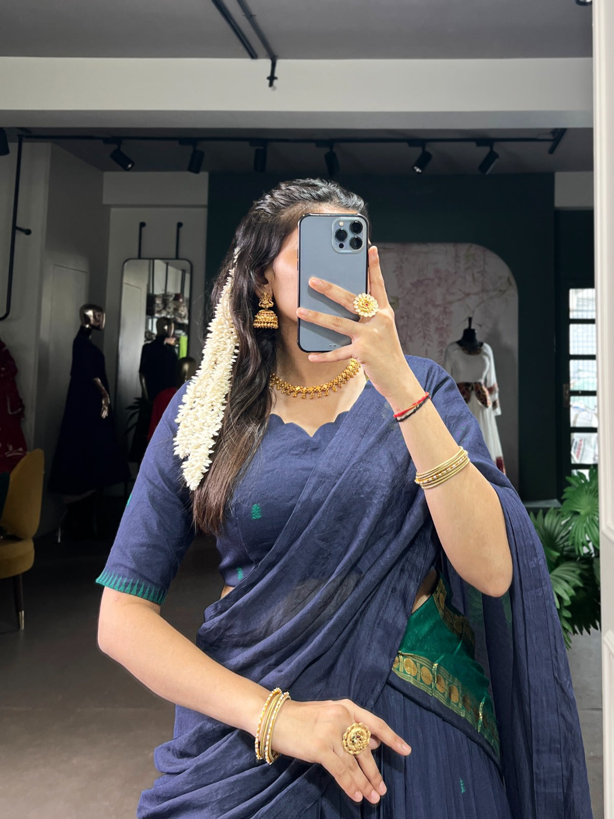 Navy Blue Zari Weaving Work Lehenga