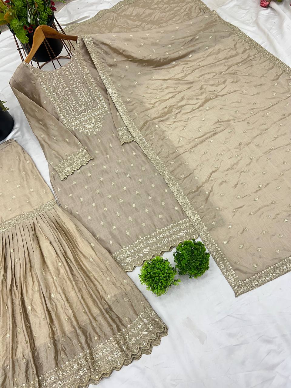 Heavy Chinon Silk Embroidery Work Beige Sharara Suit