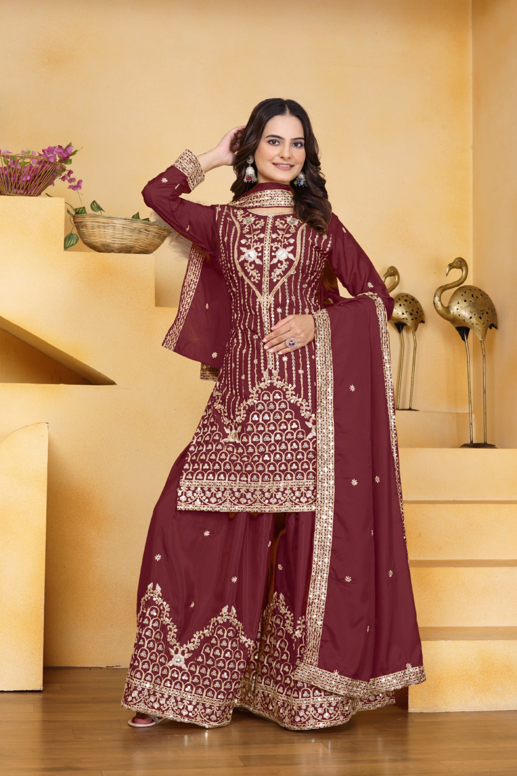 Maroon Sequence Embroidery Sharara Suit Set