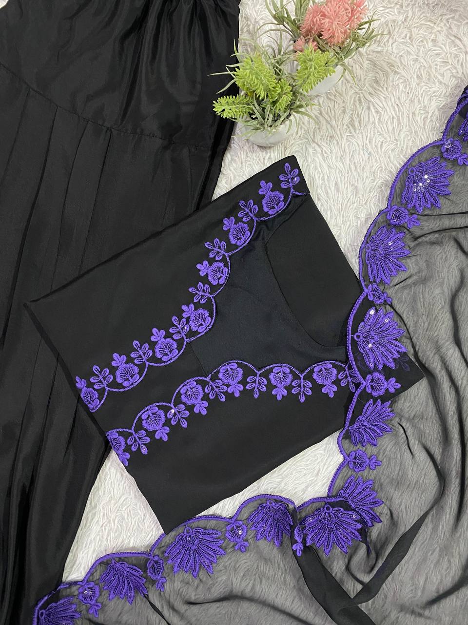 Purple Crape Silk Sequence Embroidery Suit With Organza Dupatta