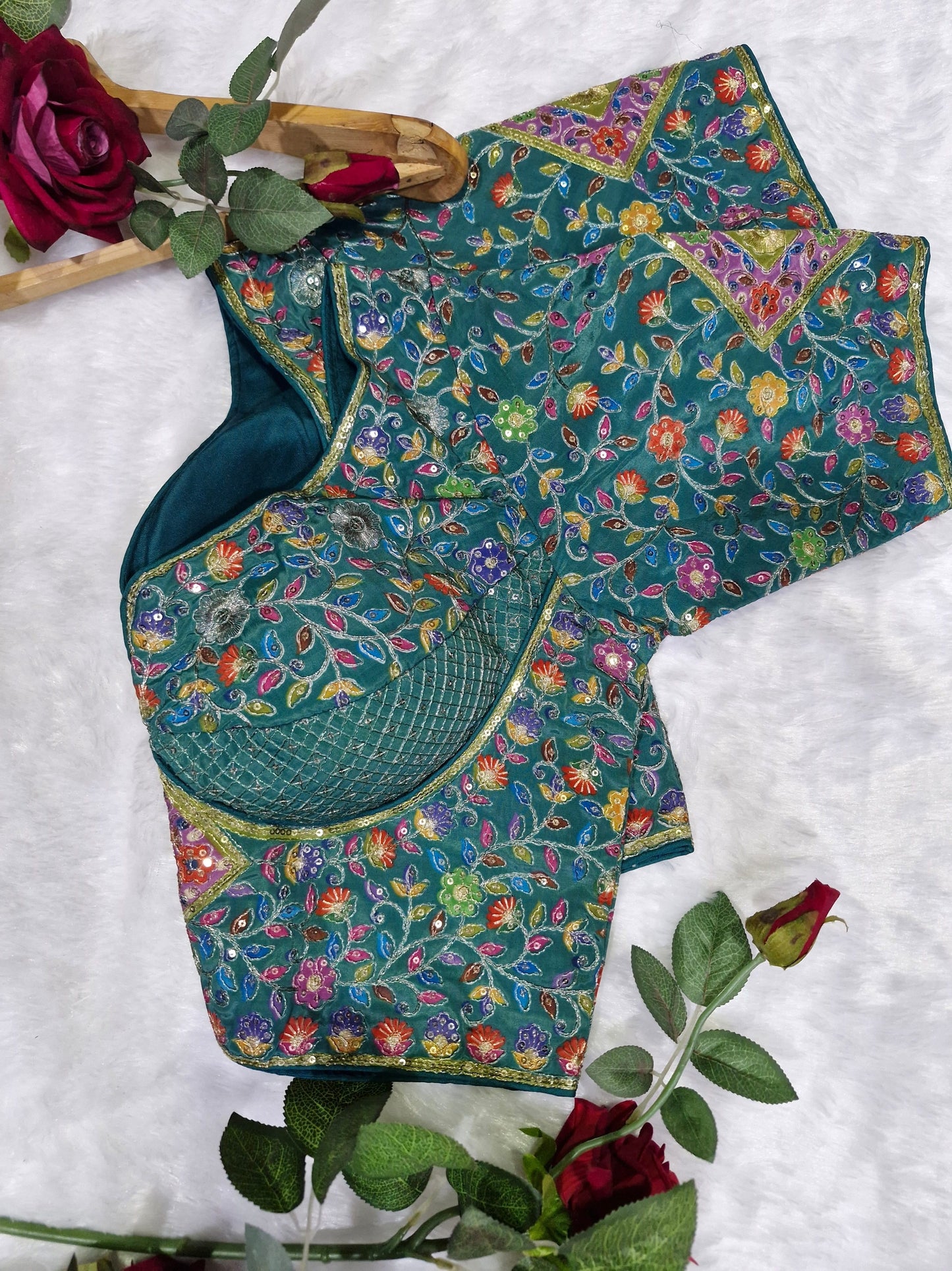 Rama Green Heavy Multicolor Embroidery Blouse