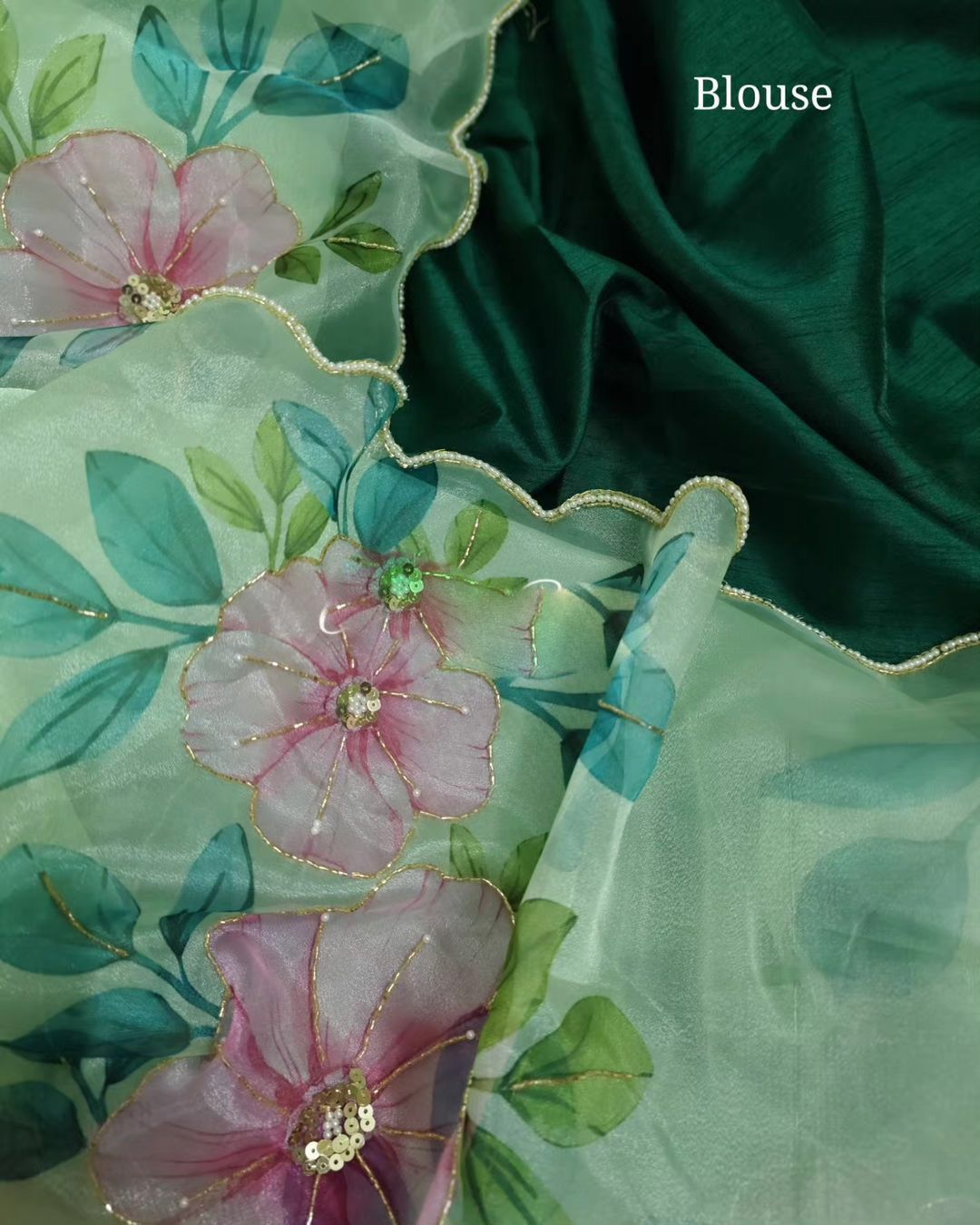 Green Flower Print Hand Work Saree