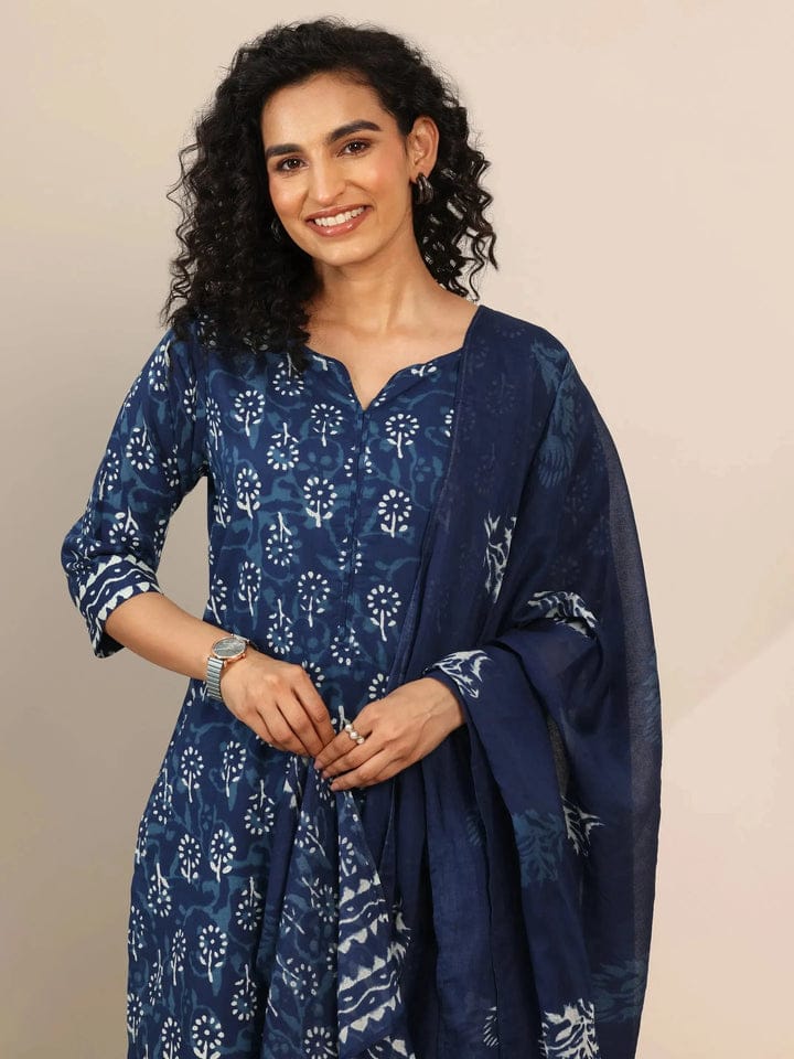 Navy Blue Cotton Printed Kurti Pant Set