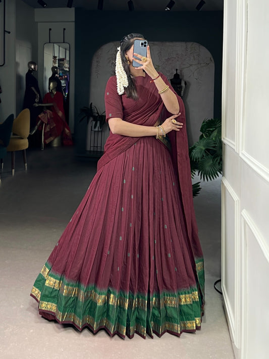 Marron Pure Chanderi Zari Weaving Work Half Lehenga Saree