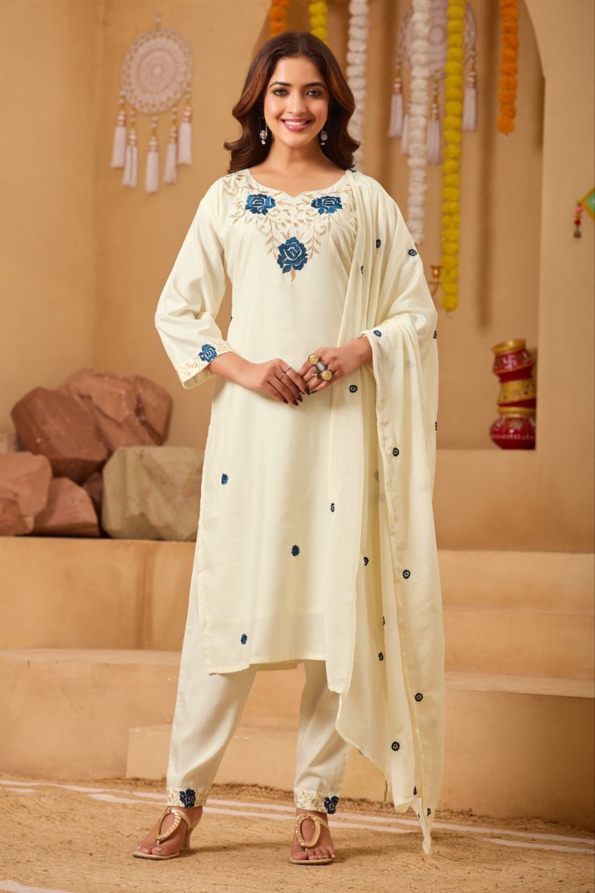Rayon Kurti Pant Set With Embroidered Detailing