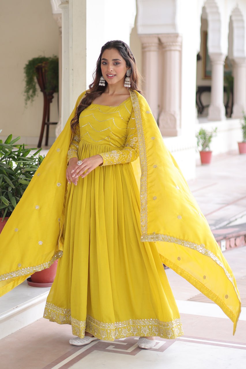 Yellow Vichitra Silk Gown With Dupatta