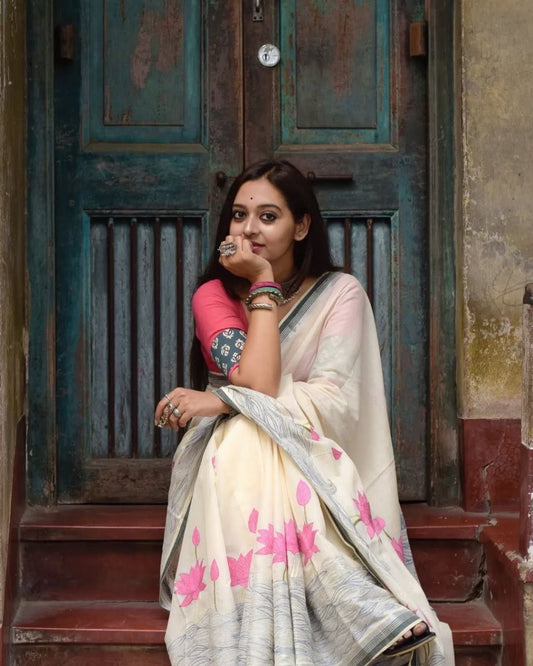 Soft Linen Pink Floral Prints Saree