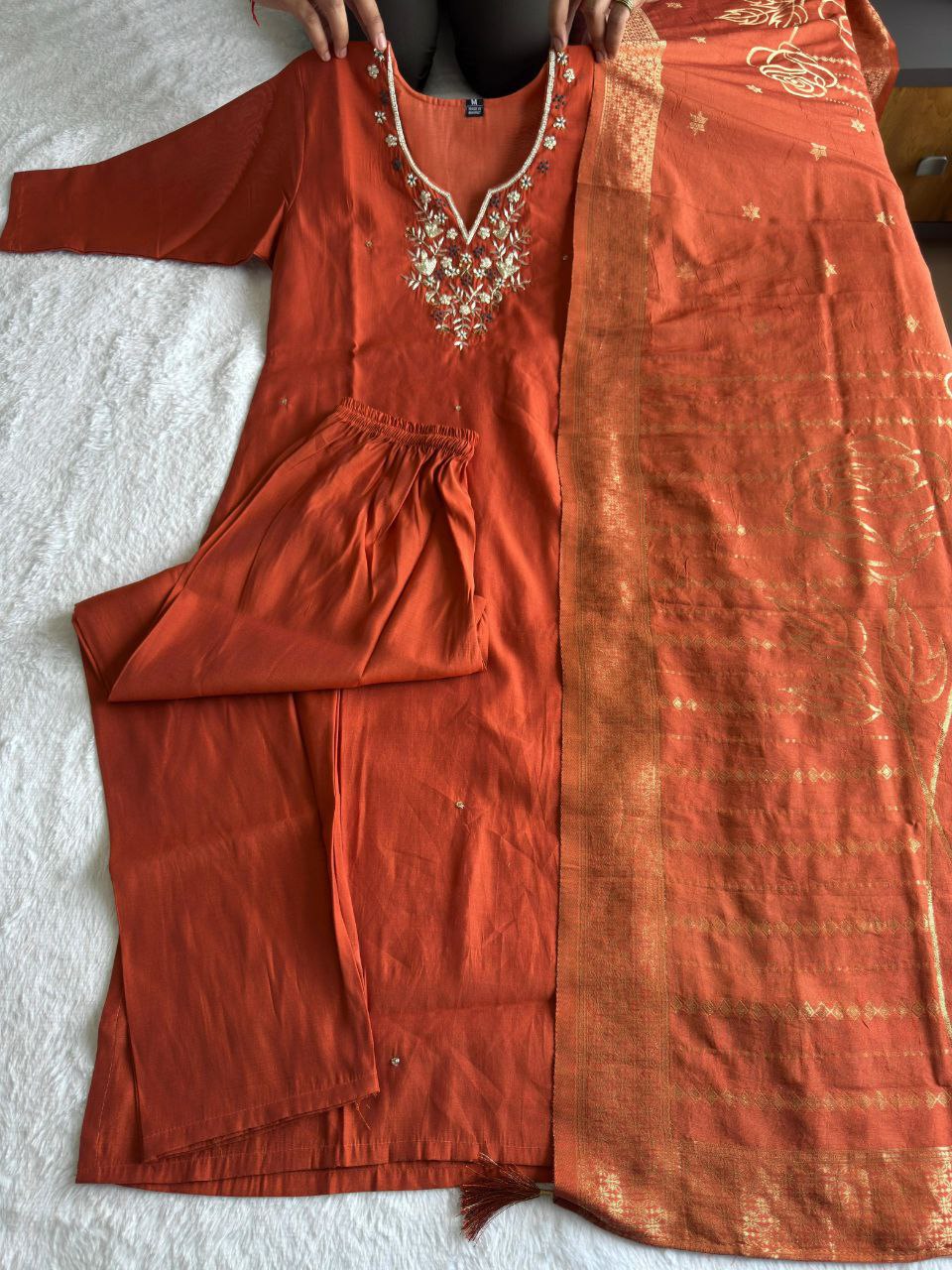 Designer Rust Orange Roman Silk Kurti Pant Dupatta Set