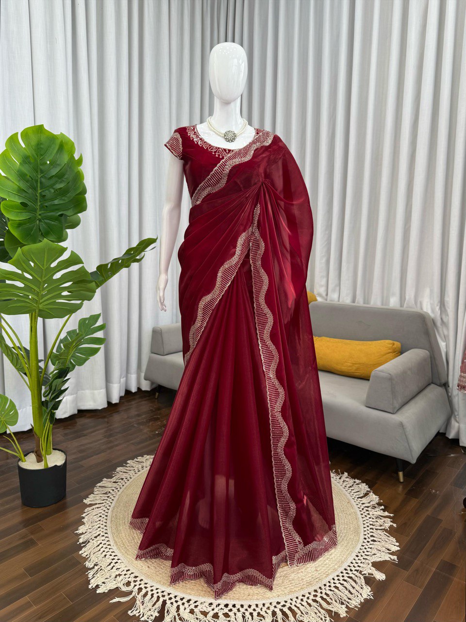 Jimmy Chu Maroon Saree With Hot Fix Work