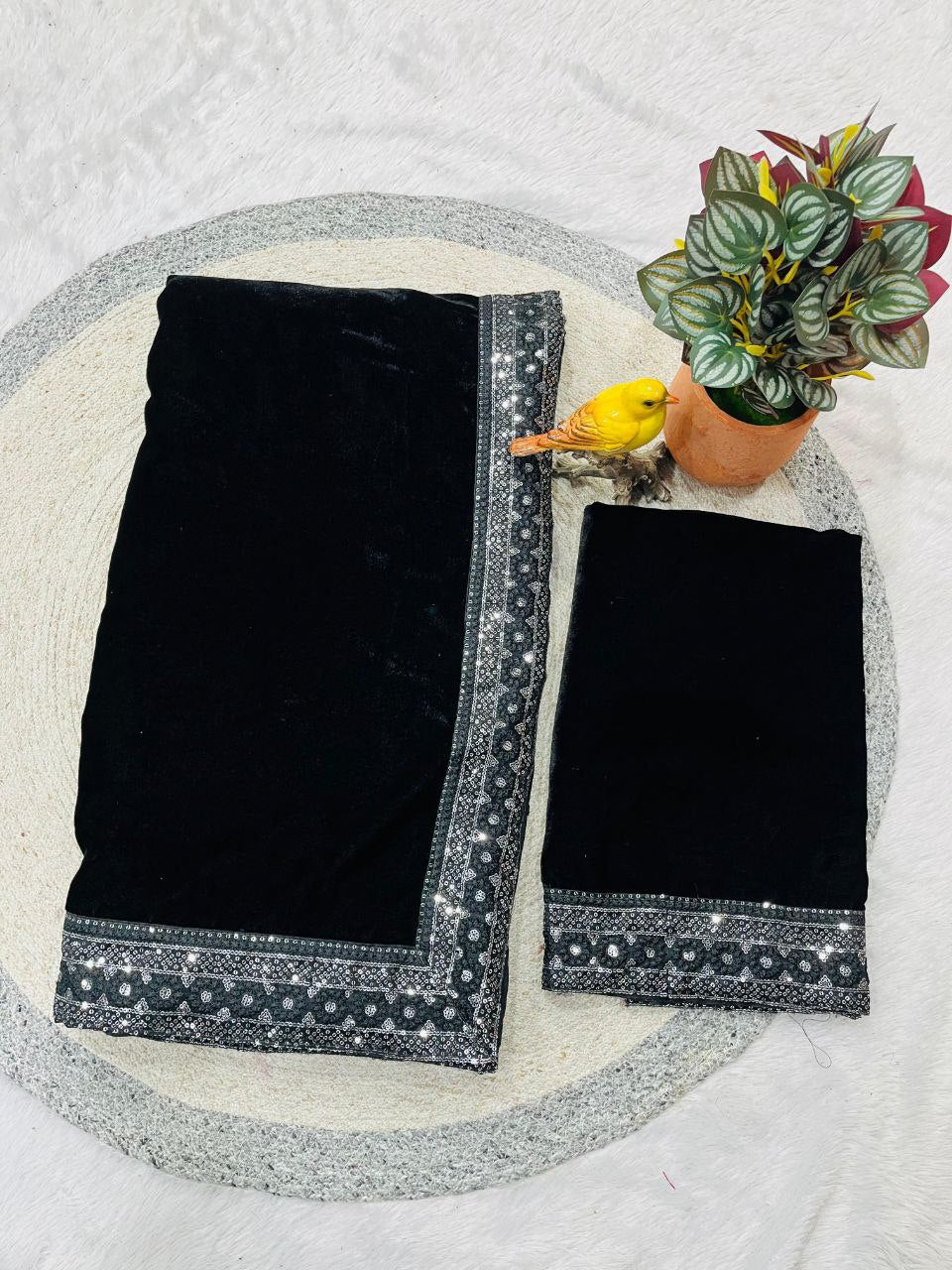 Black Velvet Saree With Thread Work Lace