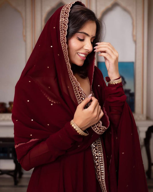 Rich Maroon Anarkali Suit with Embellished Dupatta