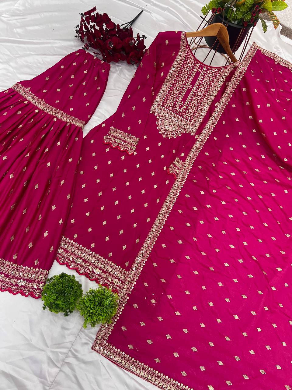 Heavy Chinon Silk Sequence Work Rani Pink Sharara Suit With