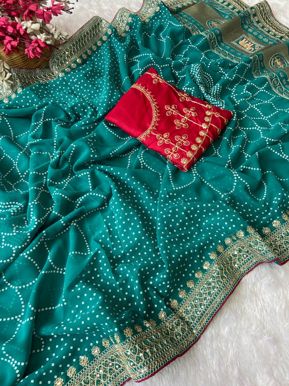 Turquoise Bandhej Saree With Red Blouse
