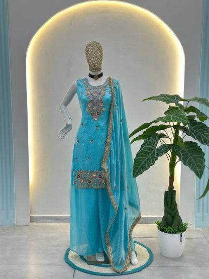 Sky Blue Beads And Sequin Embroidered Fendy Silk Kurti Set