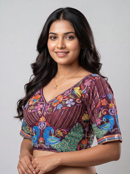 Viscose Peacock Print Wine Blouse