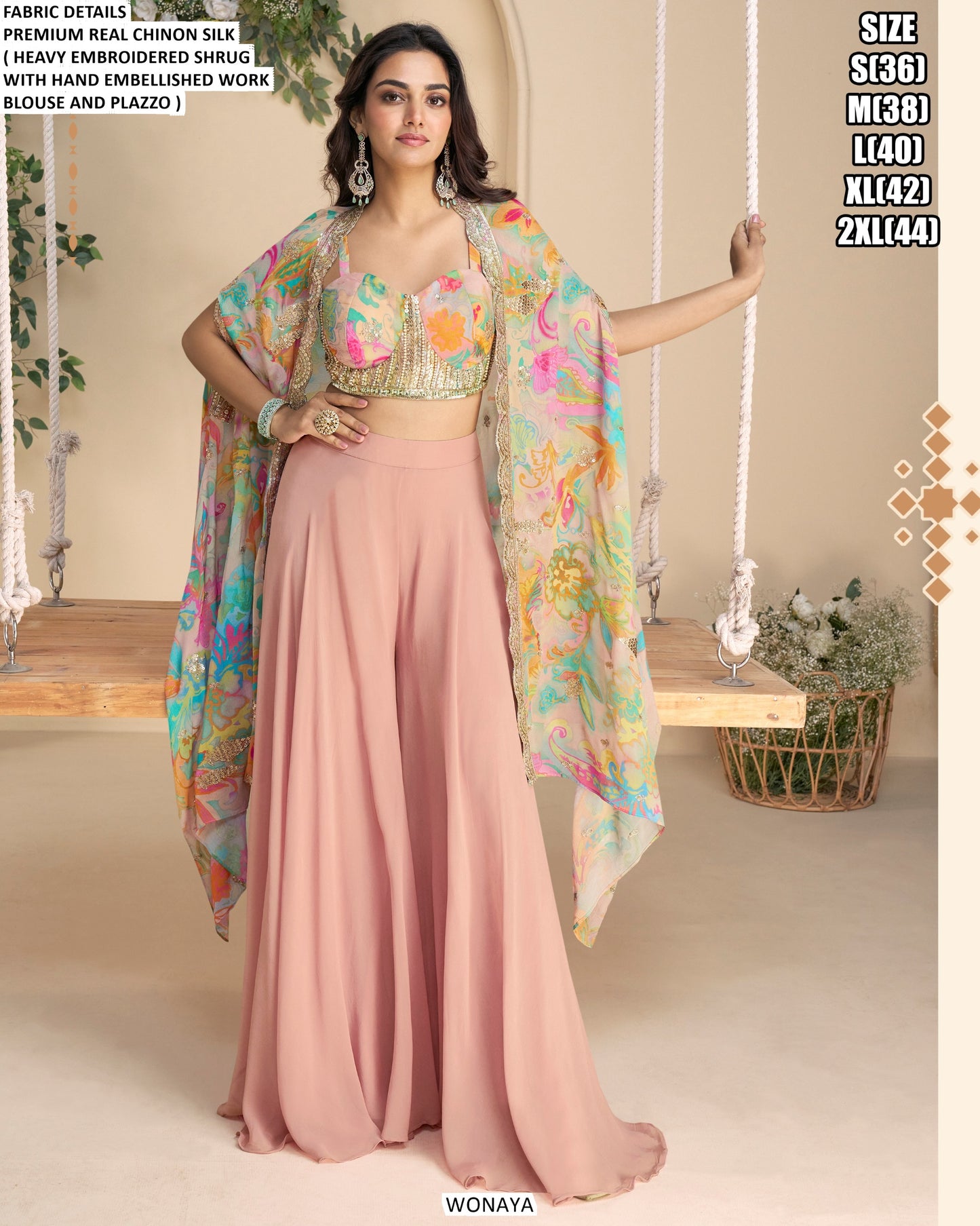 Designer Chinon Silk Co-Ord Set with Embroidered Shrug & Handwork Blouse